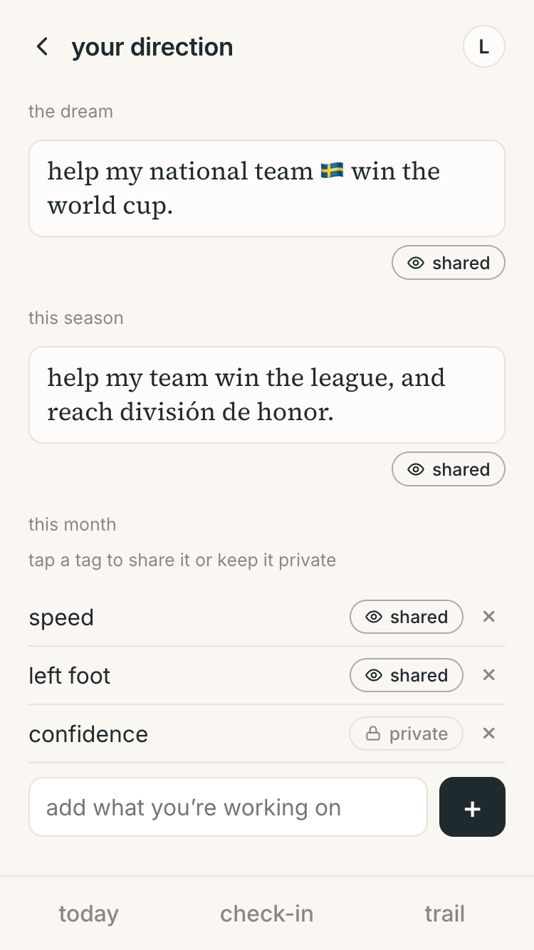 a screen from the playing. app: an athlete's own direction, with private and shared tags